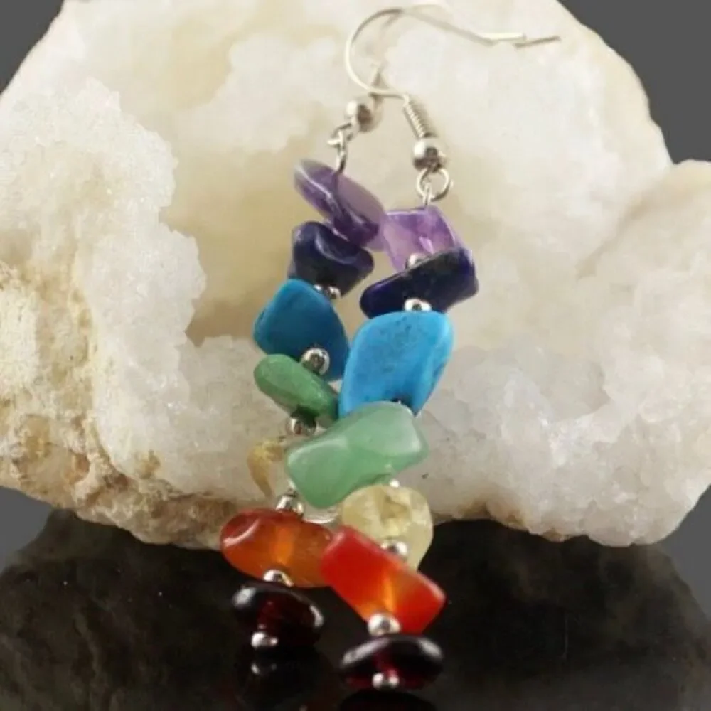 Natural Stone Dangle Earrings Womens Statement 7 Multi Color Chakra Jewelry New
